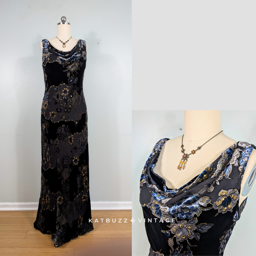 Vintage Velvet Maxi Dress Formal Gown 12 Black Blue Bead Floral Silk 90s Burnout